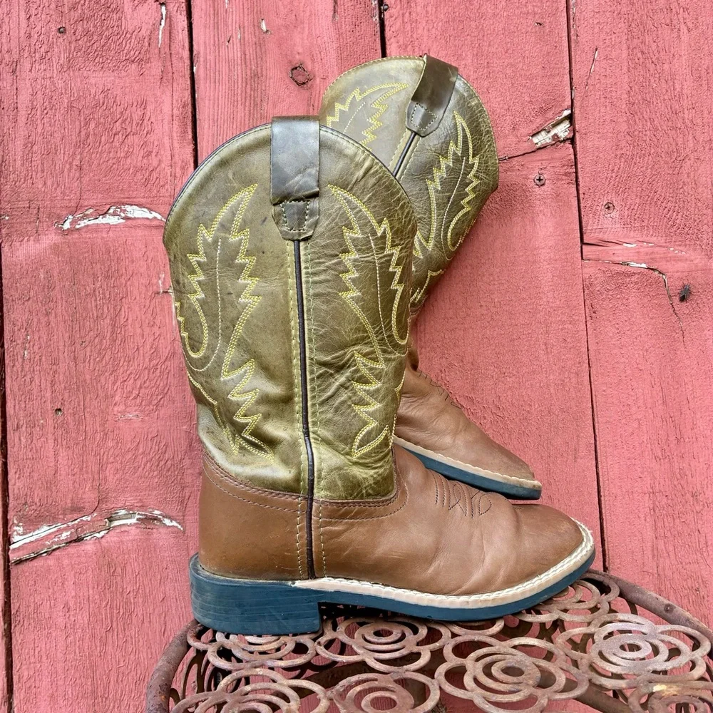 Old West Boots Boys Girls 1.5 D Brown Leather Square Toe Cowboy Western Boots
